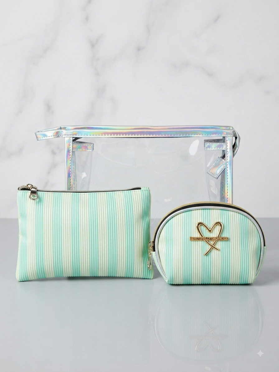 Transparent cosmetic bag set with mint green striped pouches, clear organizer and handles